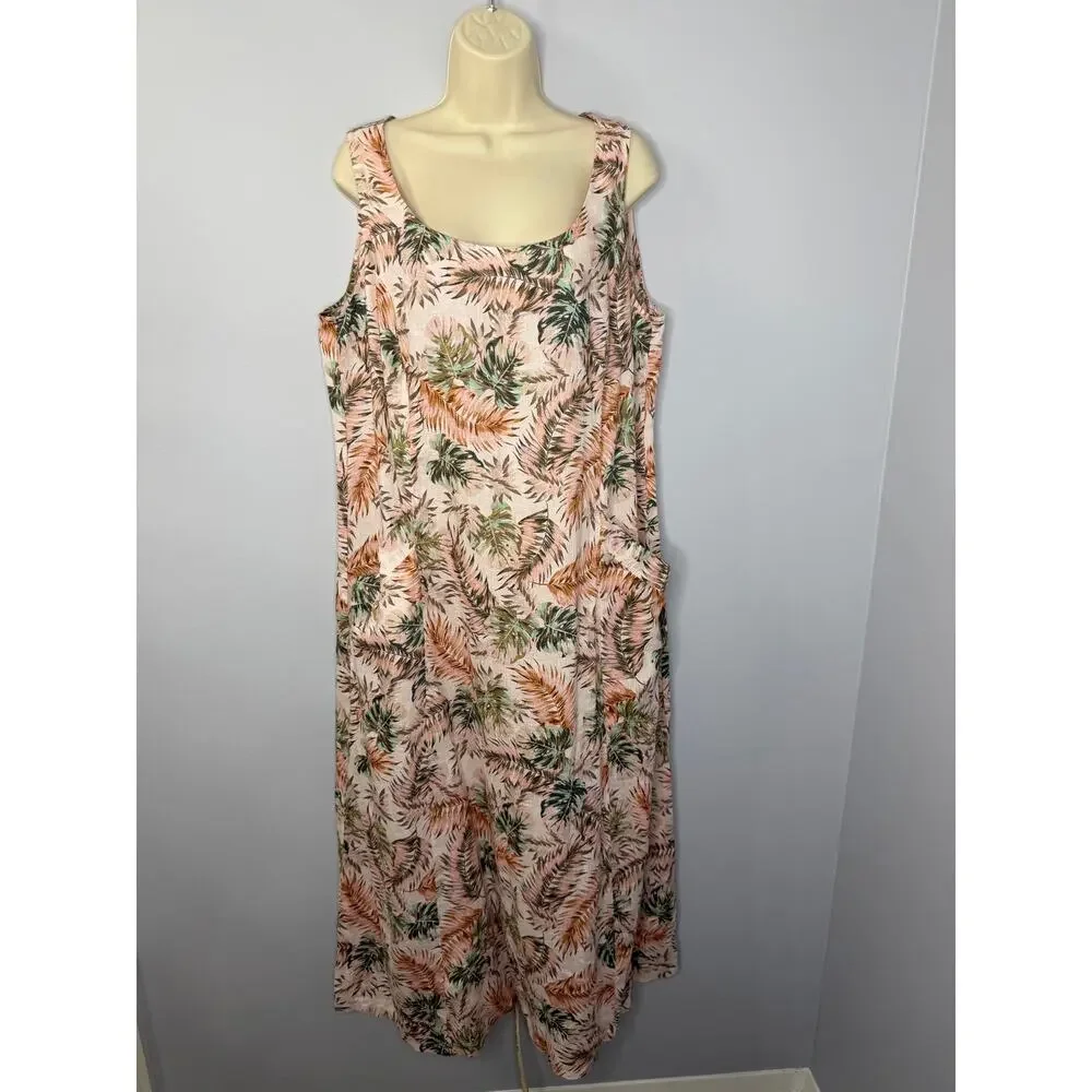 J.jill Love Linen Palm Leaf Soft Pink Pocket Maxi Dress Coastal Beach XL new